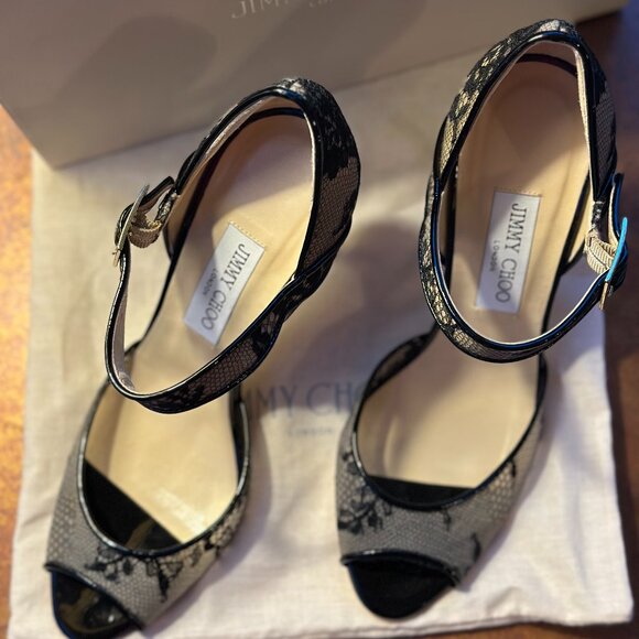 Jimmy Choo Patent Black Lace Articolo Peep-toe Size 38.5 (Women's 8) - Picture 6 of 8